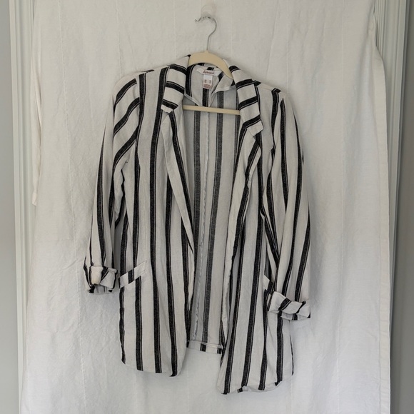 Revamped Jackets & Blazers - Revamped Black and White Striped Open Blazer